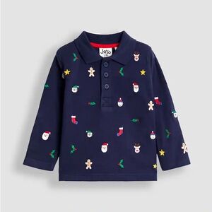 JoJo Maman Bebe Navy Blue Christmas Embroidered Polo Shirt